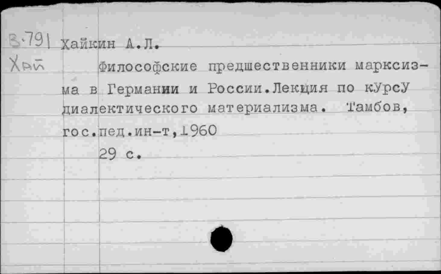 ﻿Хайкин А.Л.---
философские предшественники марксизма в Германии и России.Лекция по кУрсУ диалектического материализма. Тамбов, го с.пед.ин-т,1960
29 с.